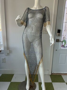 Handmade Beaded Fringe Mesh Dress – Boho Festival Cover-Up  unique rare piece